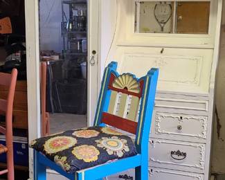 Vintage 4 piece white clothing cabinet and secretary. Hand painted chairs. 