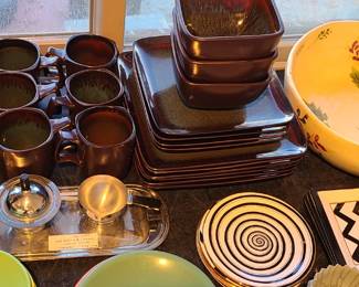 Cream and sugar metal dishes. Plates. Bowls. 