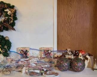 Holiday decorations - bags of oranments, wreaths, outdoor tree