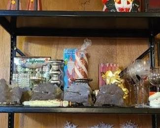 More holiday decorations! Lights, large 3 piece vintage ceramic light up tree, small vintage ceramic tree, candles/candle sticks, red/green glasses, santa cookie jar and more! 