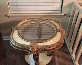Vintage rare glass top gilt and faux marble coffee table, end tables (2), and large oval wall mirror. Coffee and end tables sold as set. Mirror can be purchased separately.
