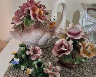 Capodimonte pieces. Each sold separately: swan, set of 2 candle holders, flower basket.