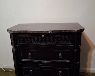 Oversized 3-drawer black wood nightstand with stone top. Part of queen bedroom set (bed, chest of drawers, oversized nightstand)