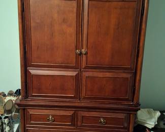 Large wood armoire with 2 drawers (1 standard depth drawer, 1 deep drawer)