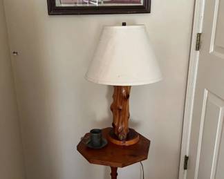 Maple Side table, Needlepoint Picture, Tin Heart Candle Holder And Handmade Lamp