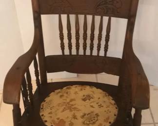 Antique Oak Rocking Chair With Round Upholstered Seat