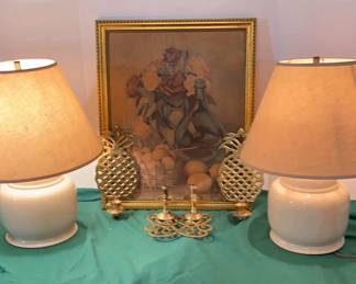 Ginger Jar Lamps, Brass Accessories And A Vintage Print On Cardboard