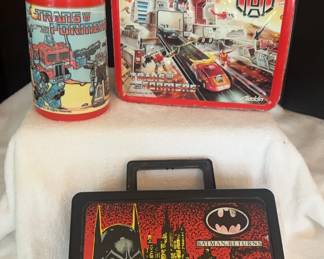 Vintage 1986 Transformer Metal Lunchbox And Thermos By Aladdin And Vintage Batman Pencil Box