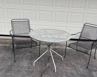 WHITE METAL TABLE WITH 2 BLACK CHAIRS SET