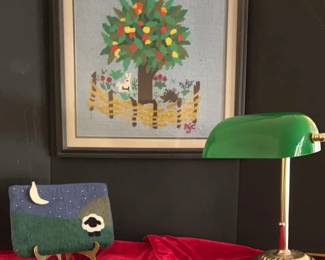 Needlepoint Picture, Library Light And Felted Purse