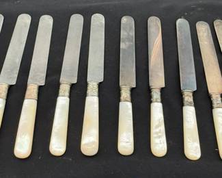 Vintage Dinner Knives * Mother Of Pearl Handle; Sterling Silver Collar * Landers, Frary & Clark