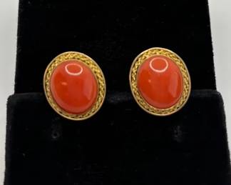 18K Yellow Gold / Coral Pierced Post Earrings , 8.38g
