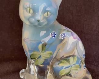 Vintage FENTON Clear Opalescent Blown Glass 4” Cat * Hand Painted & Signed By The Artist
