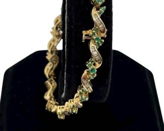 14K Yellow Gold / Tested Baguette Diamond / Semi Precious Green Stones Bracelet * 15.60g