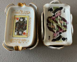 Two vintage five-piece sets of playing card ashtrays.