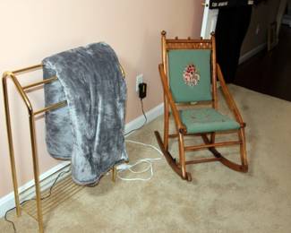 Quilt Rack, Electric Blanket, Antique Folding Rocker


