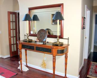 Sarreid Console Table, Candlestick Lamps

