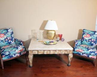 Pair of Ethan Allen Grayson Club Chairs, Large Stone Top Coffee Table

