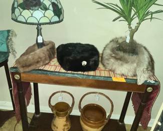 GREEN MARBLE-TOP TABLE & FUR WRAPS & HAT