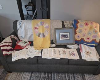 Lot Of Handmade quilts, doilies, and towels. Marian Henjum print