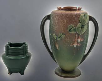 Vintage Green Weller Pottery Bedford Arts & Crafts Vase And A Roseville Pottery Fuchsia Vase