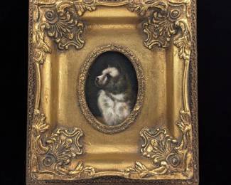 Small Antique Oil On Panel Painting Of A Dog With A Beautiful Gilt Frame, Possibly Victorian