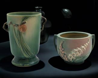 Pair Of Vintage Roseville Pottery Green Pieces, Pine Cone Cylindrical Vase And A Foxglove Jardiniere