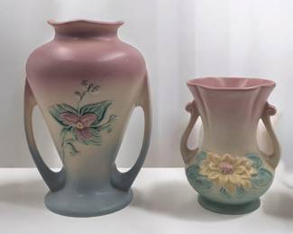 Pair Of Vintage Hull Pottery Double Handled Vases, Wildflower And Water Lily Pattern