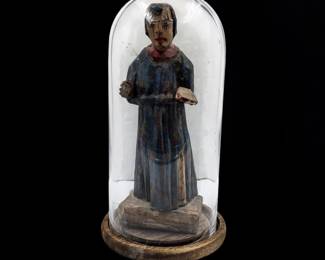 An Antique Hand Painted Carved Wood Spanish Santos de Palo With Glass Cloche