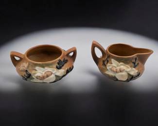 Vintage Brown Roseville Pottery Magnolia Creamer And Open Sugar Bowl