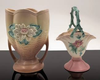 Pair Of Vintage Hull Pottery Pieces, Water Lily Vase And A Woodland Basket