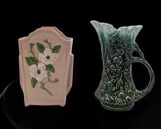Vintage Green McCoy Pottery Grape Pattern Pitcher And Hull Art Pottery Rosella Dogwood Vase