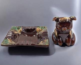 Vintage Hull Pottery "Corky the Pig" Piggy Bank And A Roseville Pottery Hyde Park Pattern Ashtray