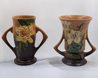 Pair Of Vintage Roseville Pottery Double Handled Vases, Water Lily And Magnolia Pattern
