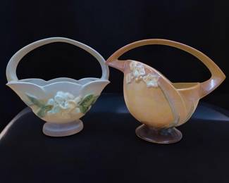 Pair Of Vintage Roseville Pottery Basket Vases