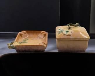 Vintage Orange Roseville Pottery Wincraft Ashtray And Cigarette Box w/ Lid