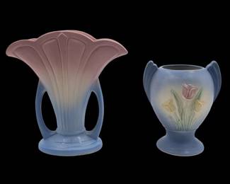 Pair Of Vintage Hull Pottery Vases, Mardi Gras Granada Fan Vase And A Tulip Vase