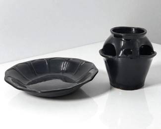 Pair Of Weller Pottery "Mirror Black" Glazed Vase & Plate