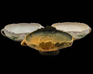 Lot Of 3 Vintage Roseville Pottery Bowls, Two Grey Gardenia Console Bowls And A Yellow Peony Bowl