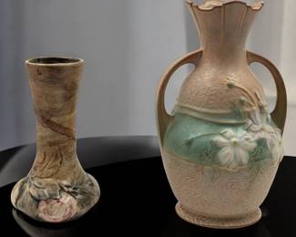 Vintage Orange Roseville Cosmo Pottery Vase And An Antique Weller Pottery Baldin Apple Vase