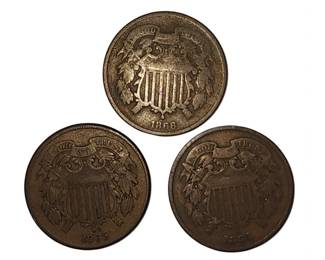 Lot Of 3 Antique Coins 1864, 1865 And 1866 2 Cents Ungraded