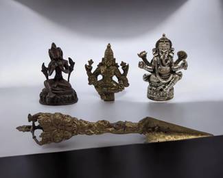 Lot Of 3 Indian Deity Sculptures And A Indo-Tibetan Phurba, A Mix Of Bronze And Brass