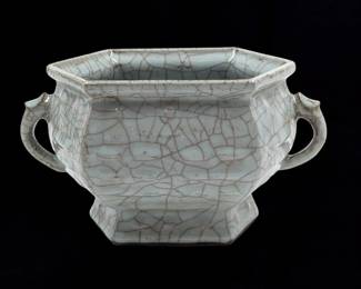 A Chinese Guan Ware Celadon Censer With Two Ears