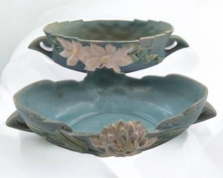Pair Of Blue Vintage Roseville Pottery Console Bowls, Columbine Pattern And Water Lily Pattern