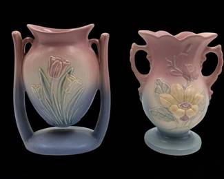 Pair Of Vintage Hull Pottery Double Handled Vases, Tulip And Magnolia Pattern
