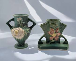 Pair Of Vintage Roseville Pottery Green Vases, Clematis Triple Necked Vase And A Peony Handled Vase