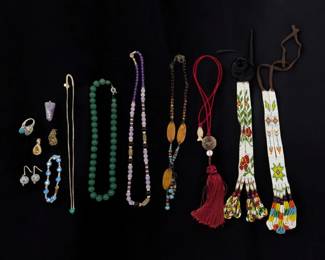 Lot Of 13 Mixed Jewelry And Accessories, Including Jade, Amethyst, Turquoise, And Other Materials