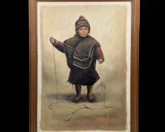 A Vintage Signed And Dated Oil On Canvas Eskimo Child Painting With A Love Message On Back