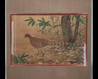 A Japanese Large Framed Nihonga Style Pheasant Painting On Silk With Seal Marks