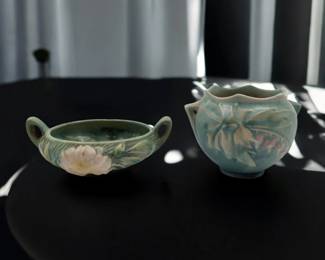 Pair Of Vintage Roseville Pottery Pieces, Green Bleeding Heart Vase And Green Water Lily Bowl